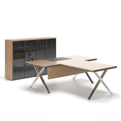 Modern L-Shaped Office Desk With Storage Cabinet 3d model