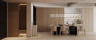 Modern Minimalist Dining Room With Wood Paneling 3d model