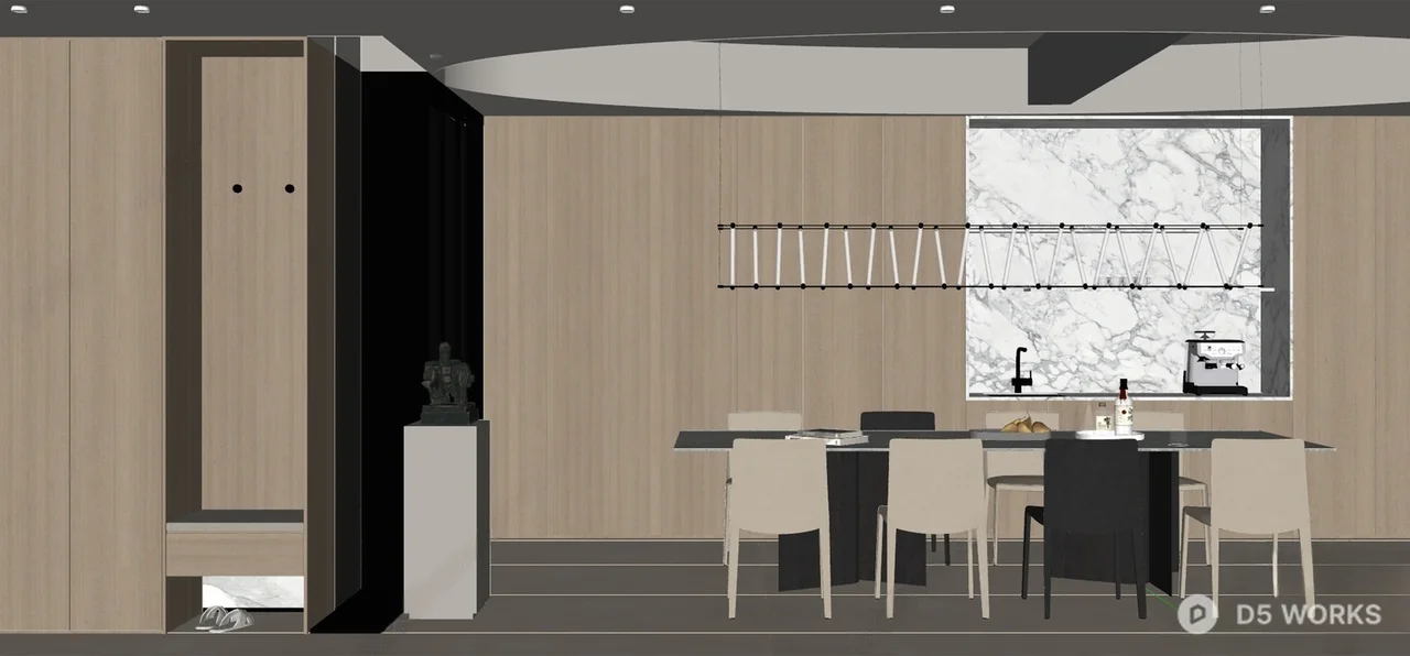 Modern Minimalist Dining Room With Wood Paneling 3d model thumbnail 2