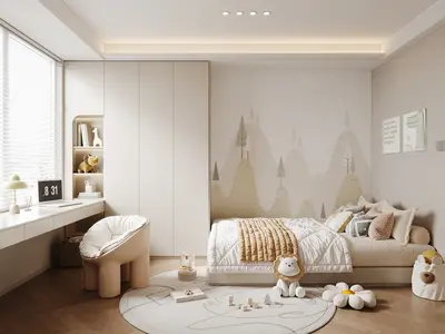 Minimalist Children's Room With Mountain Wall Art And Cozy Bedding 3d model
