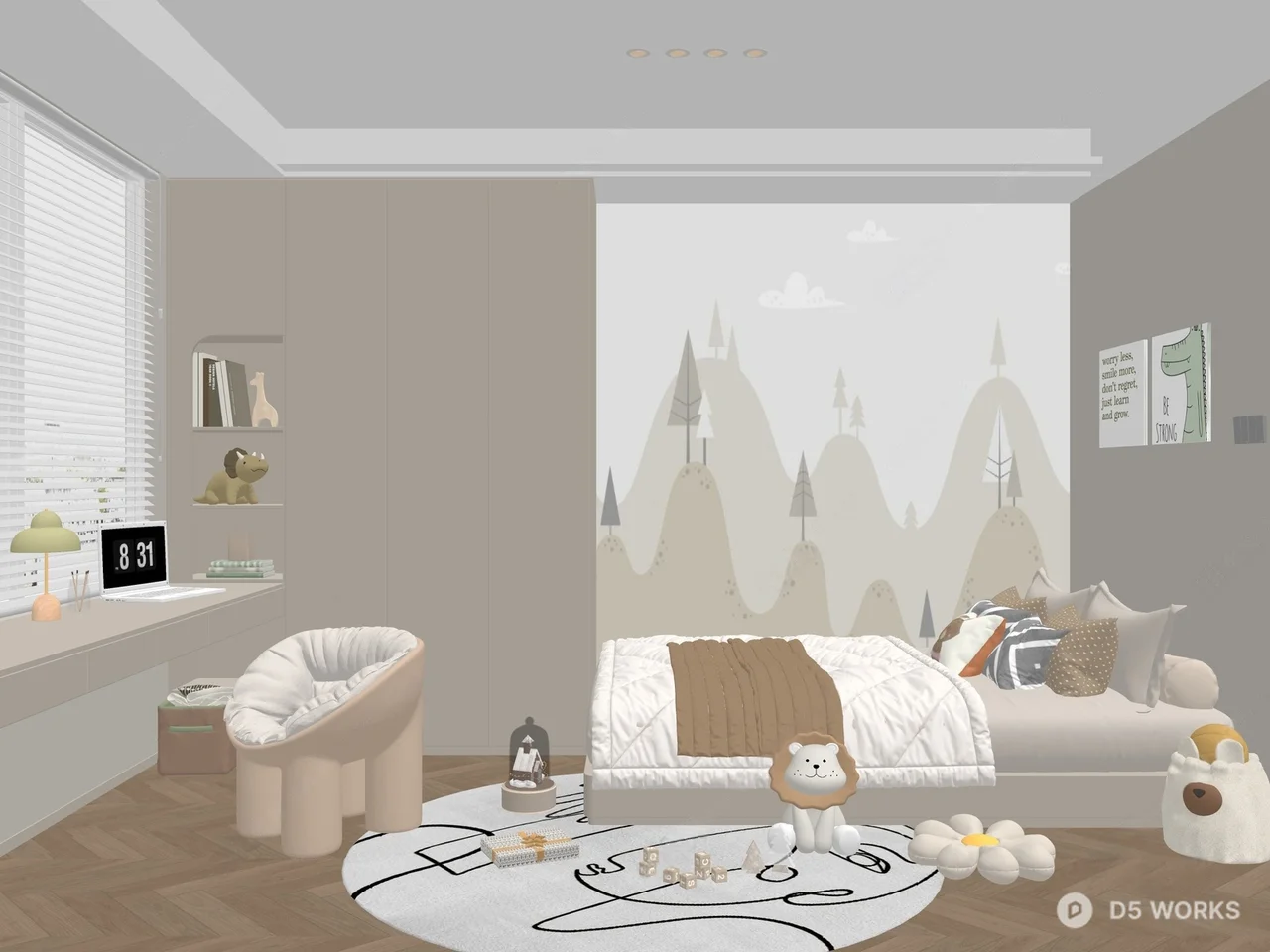Minimalist Children's Room With Mountain Wall Art And Cozy Bedding 3d model thumbnail 2