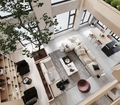 Modern Villa Living Room with Indoor Tree and Minimalist Furniture 3d model