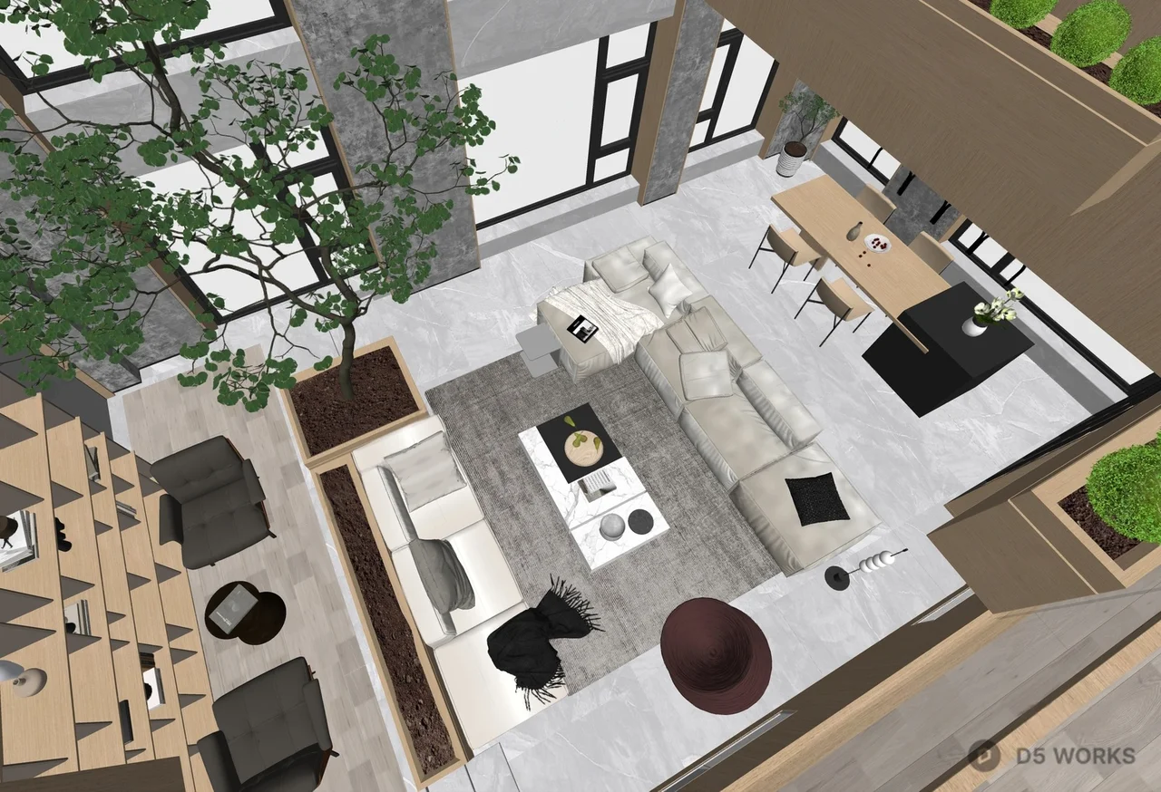 Modern Villa Living Room with Indoor Tree and Minimalist Furniture 3d model thumbnail 2