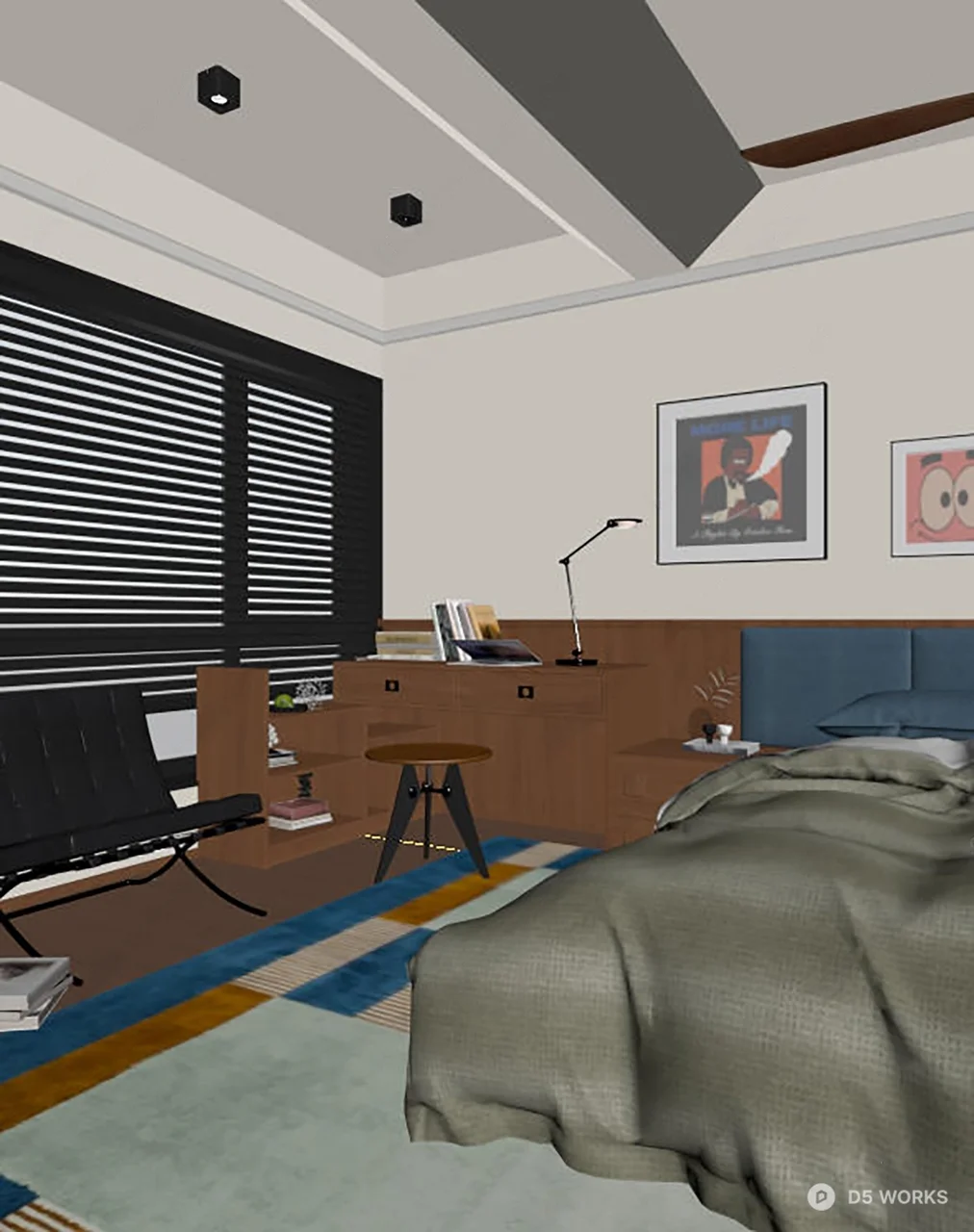 Mid Century Modern Bedroom with Blue Headboard 3d model thumbnail 2