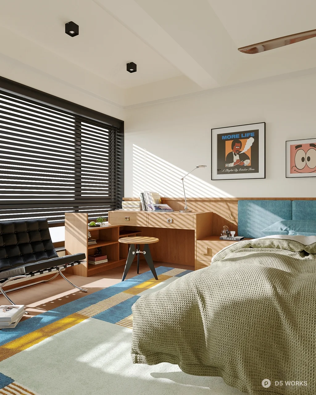 Mid Century Modern Bedroom with Blue Headboard 3d model - Image 1
