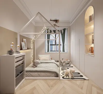 Minimalist House-Frame Bed Children's Room With Built-In Shelving 3d model