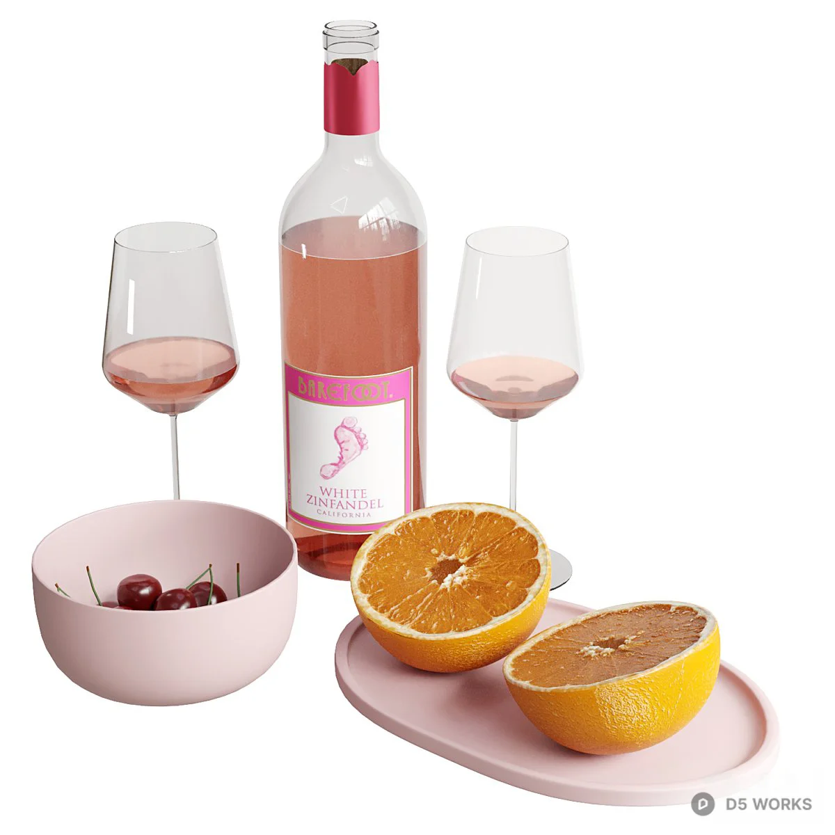 Pink Wine And Citrus Fruit Set 3d model - Image 1