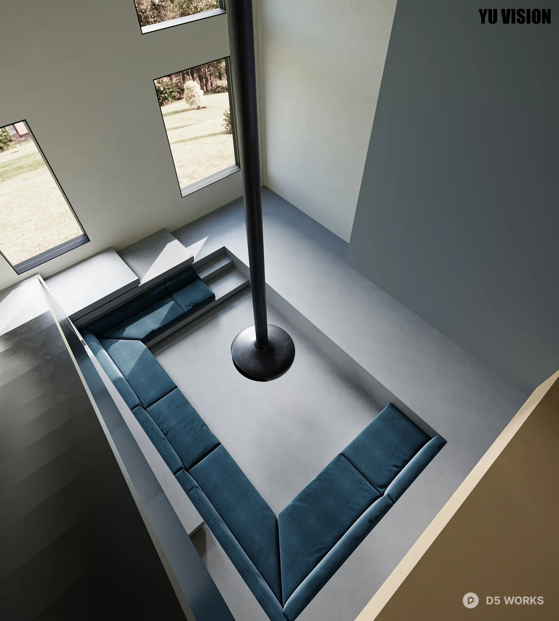 Minimalist Open Office Space With Sunken Seating And Staircase 3d model thumbnail 3