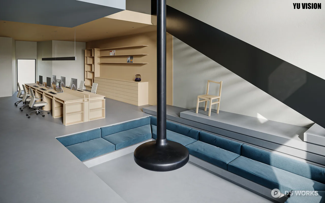 Minimalist Open Office Space With Sunken Seating And Staircase 3d model - Image 1