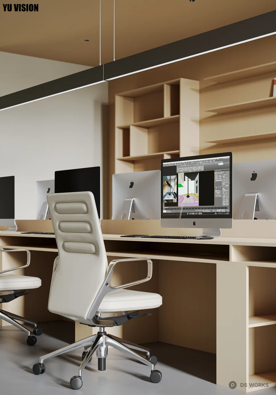 Minimalist Open Office Space With Sunken Seating And Staircase 3d model thumbnail 4