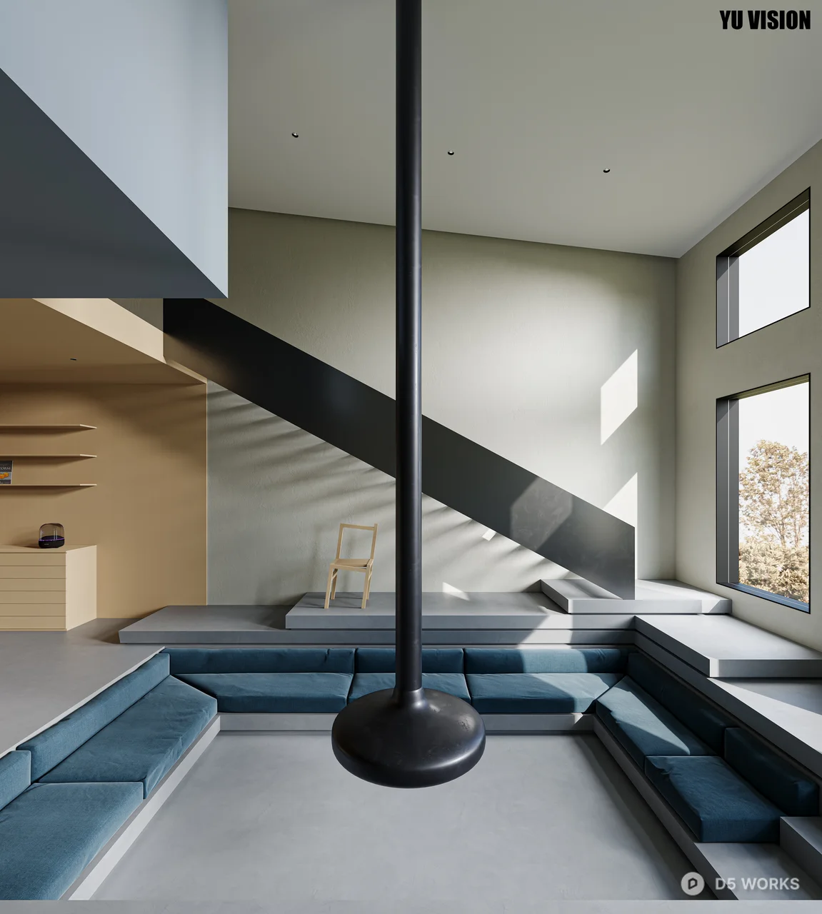 Minimalist Open Office Space With Sunken Seating And Staircase 3d model thumbnail 2