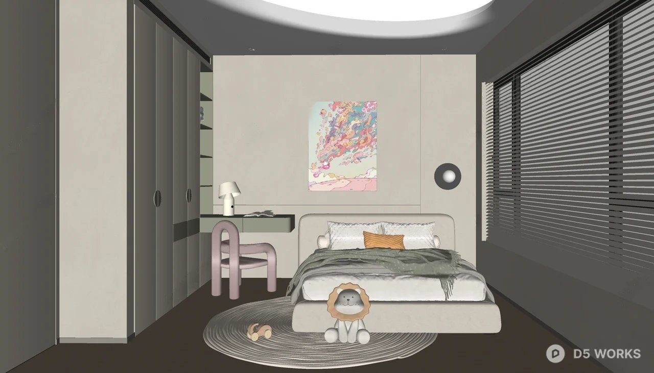 Modern Universal Children Room with Lion Plush and Pastel Desk 3d model thumbnail 2