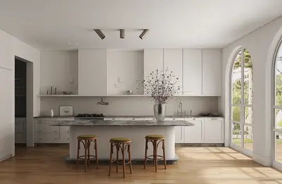 Minimalist Open Kitchen With Arched Windows And Island 3d model