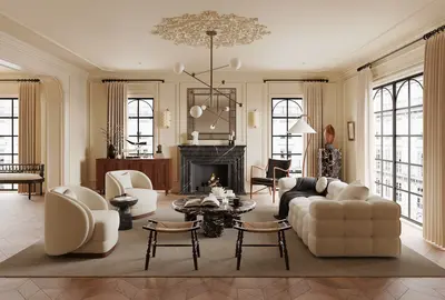 Elegant Living Room with Fireplace and Arched Windows 3d model