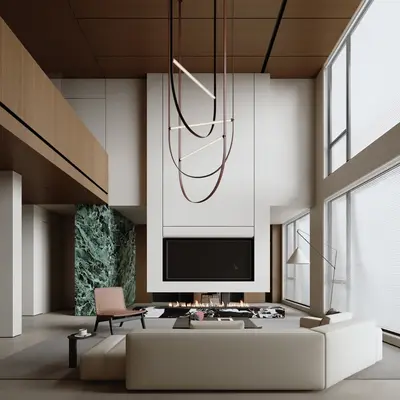Modern Villa Living Room with Minimalist Fireplace 3d model
