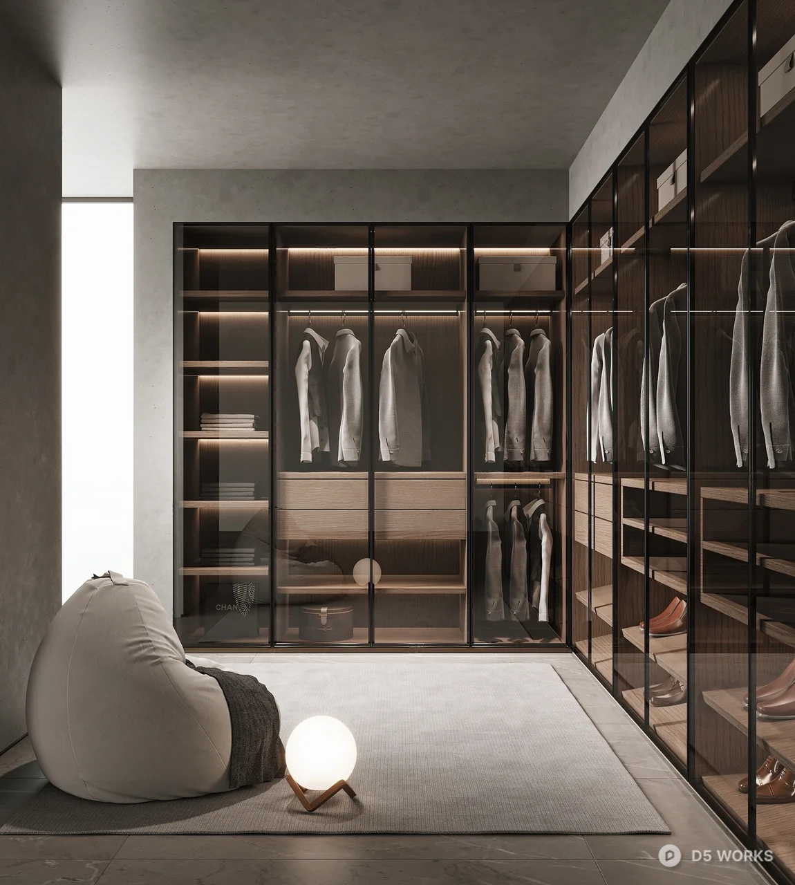 Minimalist Walk-In Closet With Glass Cabinets And Ambient Lighting 3d model - Image 1