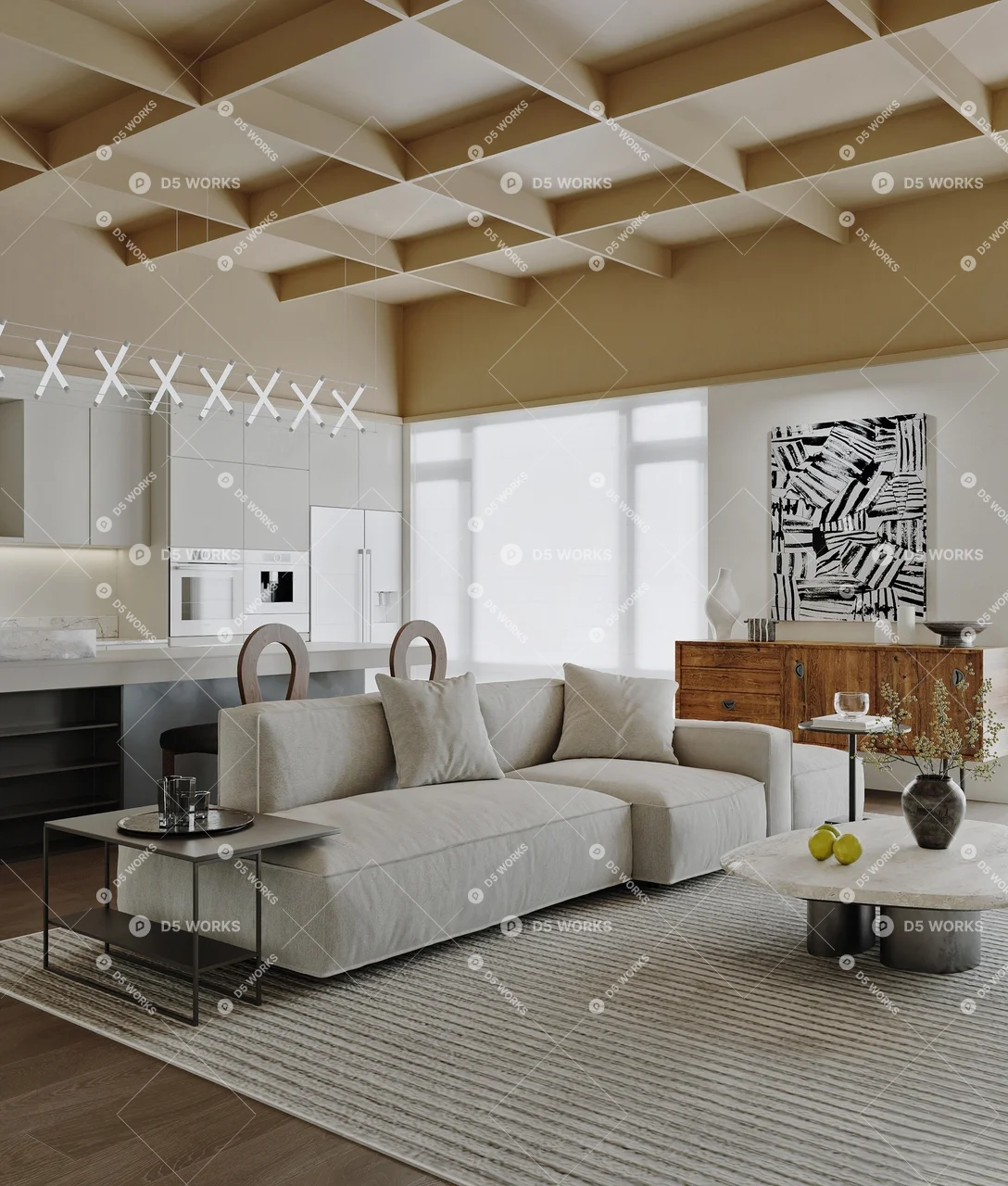 Modern Living & Dining Room 3d model thumbnail 3