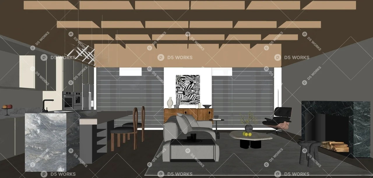 Modern Living & Dining Room 3d model thumbnail 2