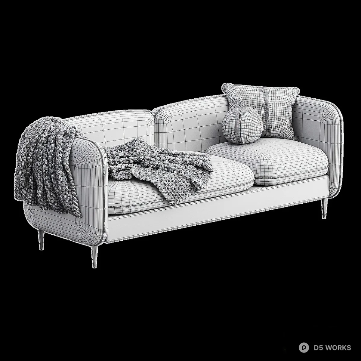 Minimalist Fabric Three-Seater Sofa With Knitted Throw 3d model thumbnail 4