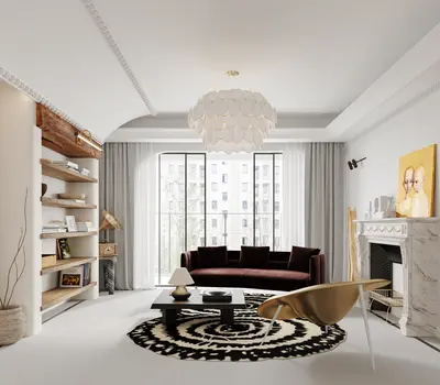 Modern Living Room with Marble Fireplace and Chandelier 3d model