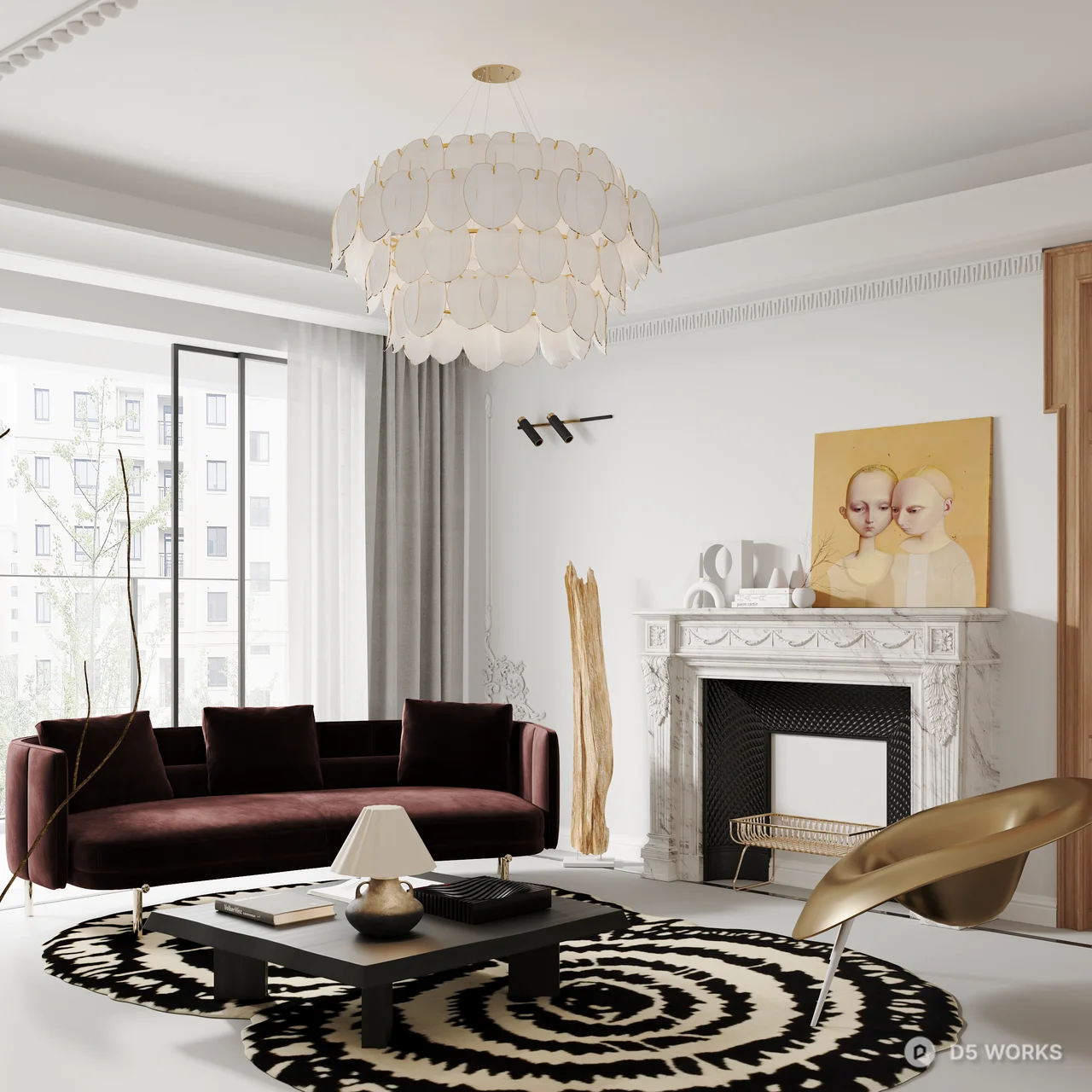 Modern Living Room with Marble Fireplace and Chandelier 3d model thumbnail 3