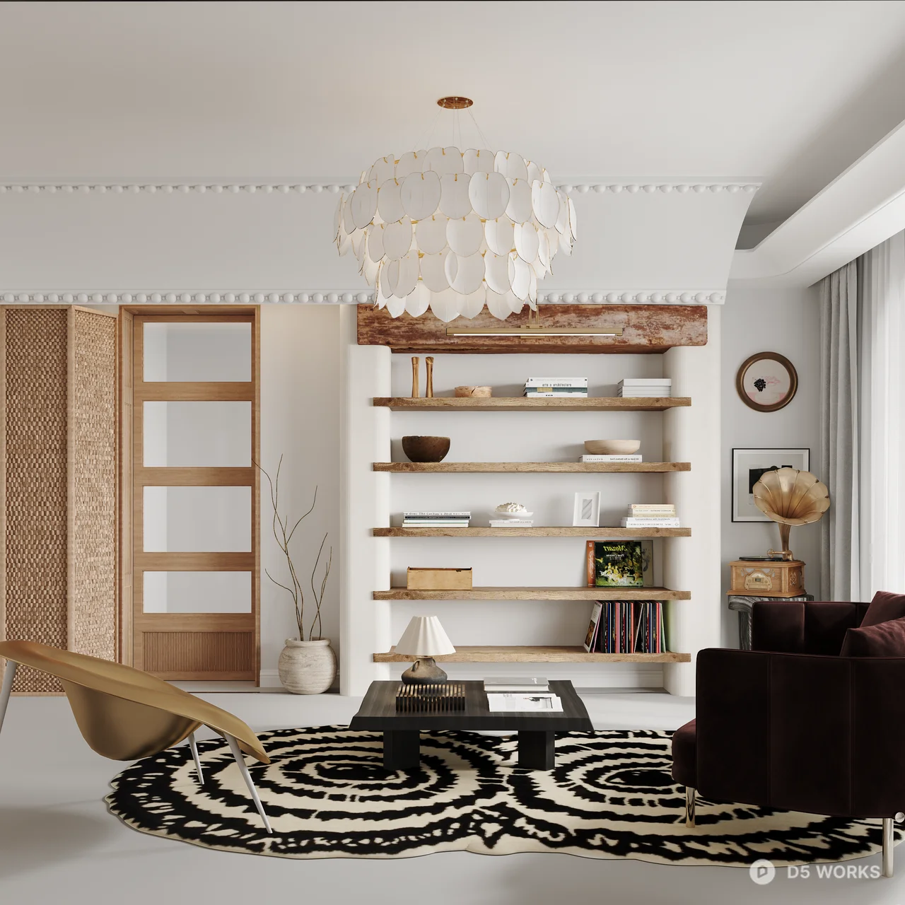 Modern Living Room with Marble Fireplace and Chandelier 3d model thumbnail 2