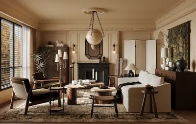 Mid Century Modern Living Room with Fireplace and Velvet Sofa 3d model