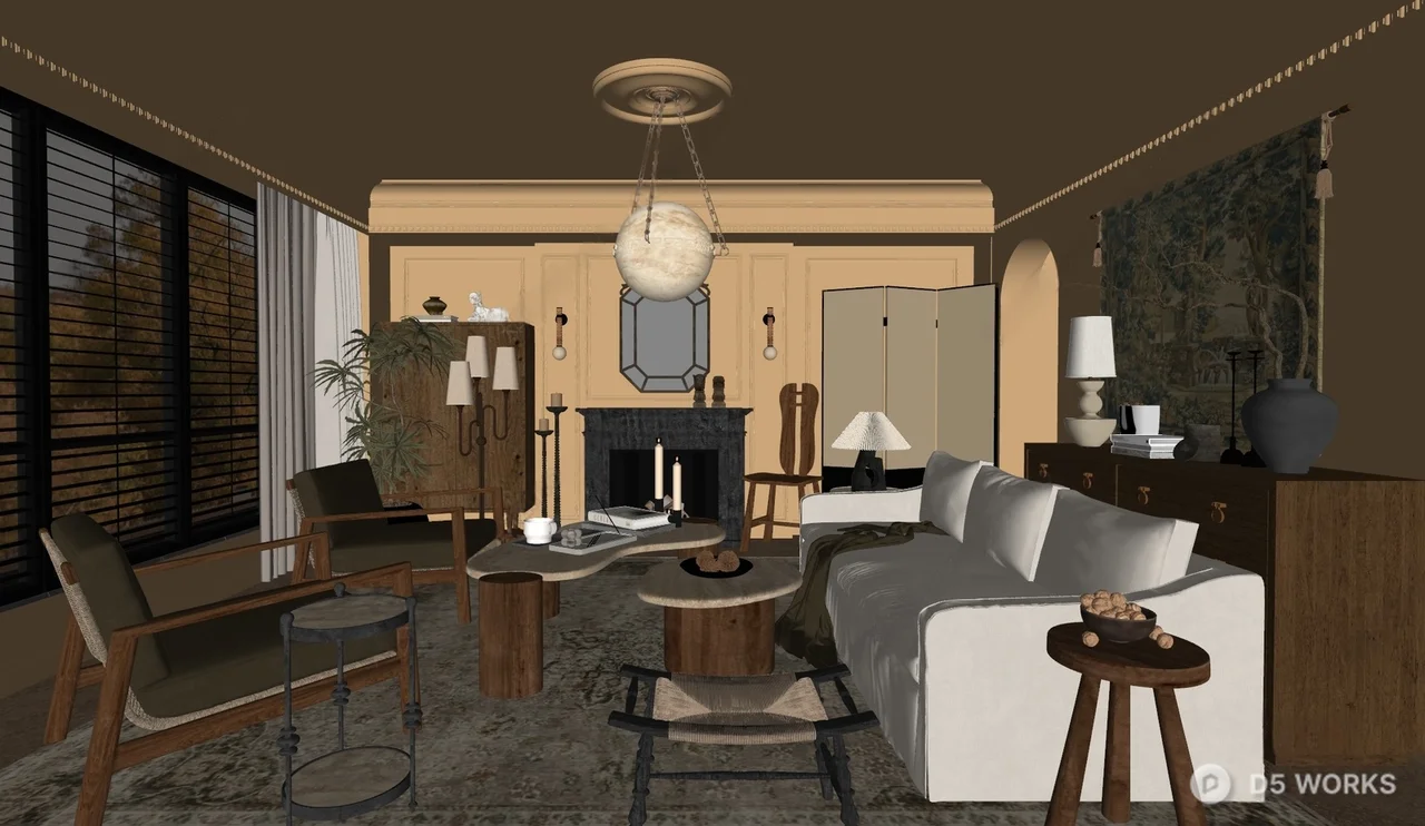 Mid Century Modern Living Room with Fireplace and Velvet Sofa 3d model thumbnail 2