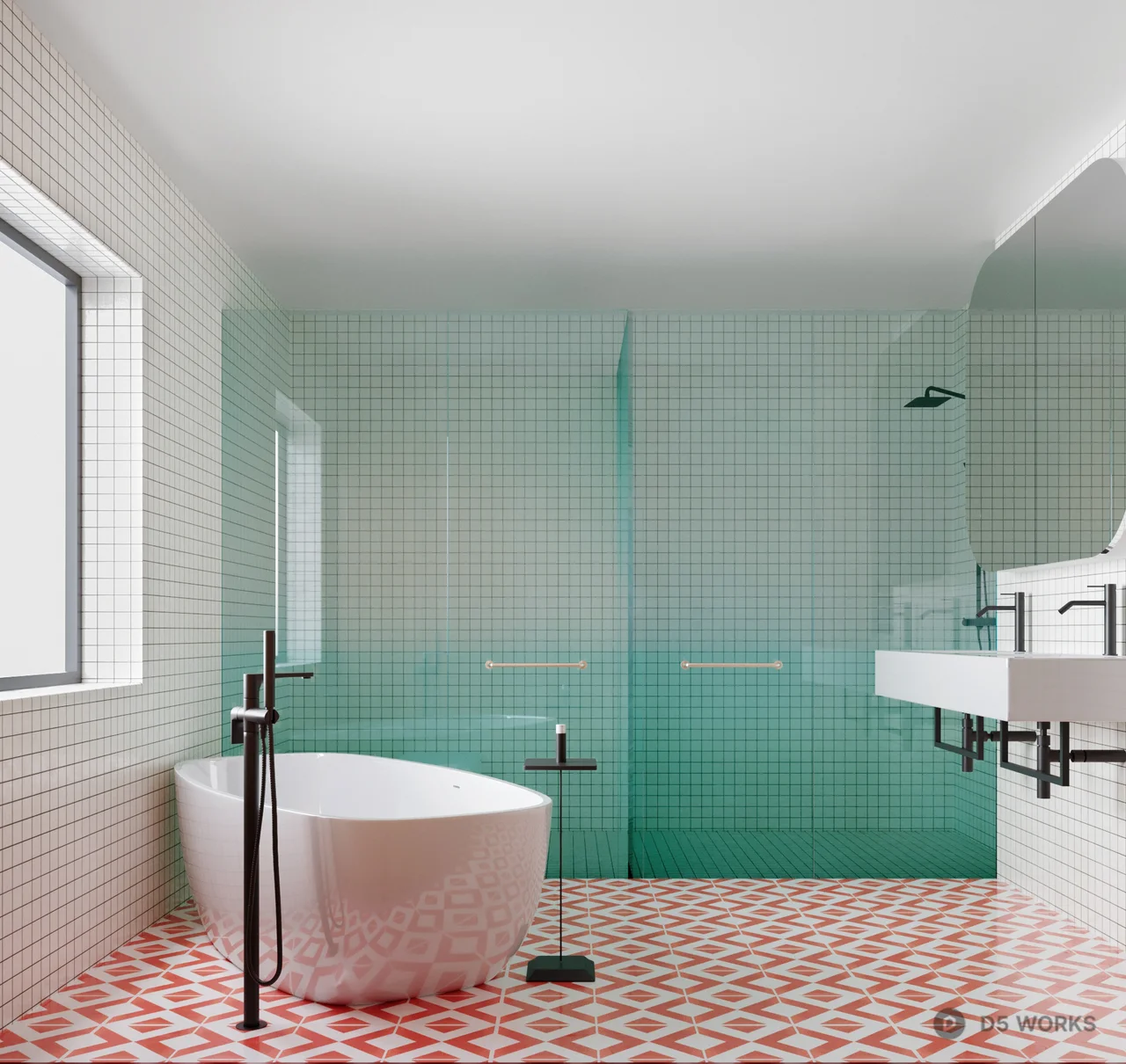 Minimalist Bathroom With Wooden Cabinet And Patterned Floor 3d model thumbnail 2