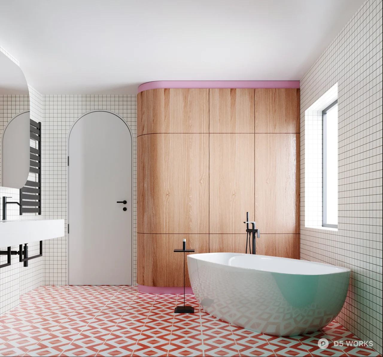 Minimalist Bathroom With Wooden Cabinet And Patterned Floor 3d model - Image 1