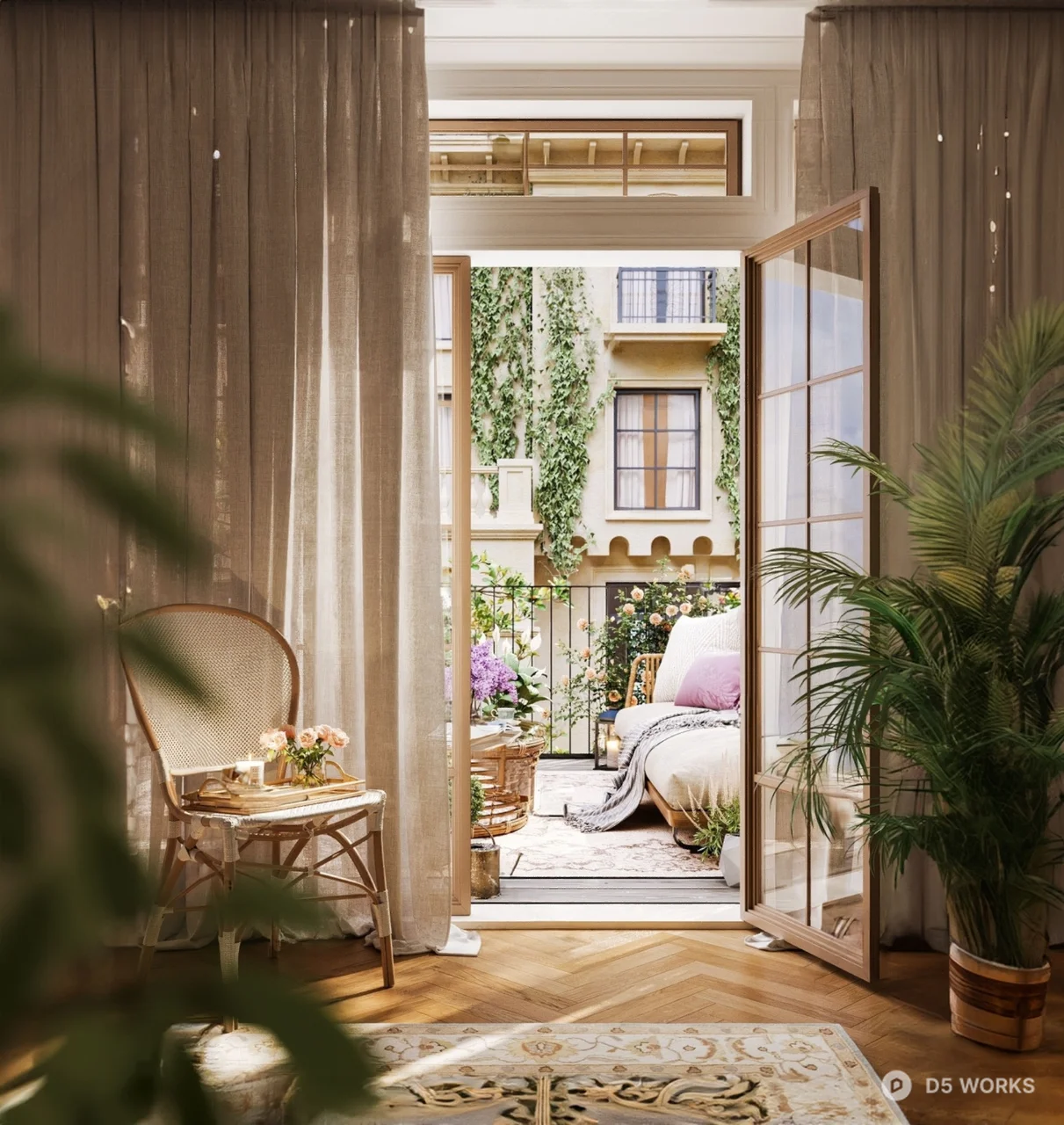 French Style Living Balcony with Wicker Chair 3d model - Image 1