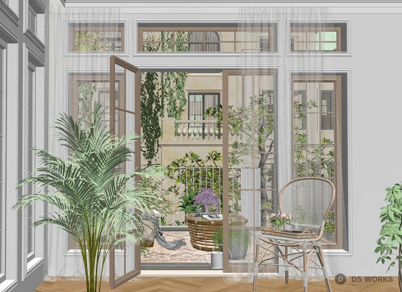 French Style Living Balcony with Wicker Chair 3d model thumbnail 2