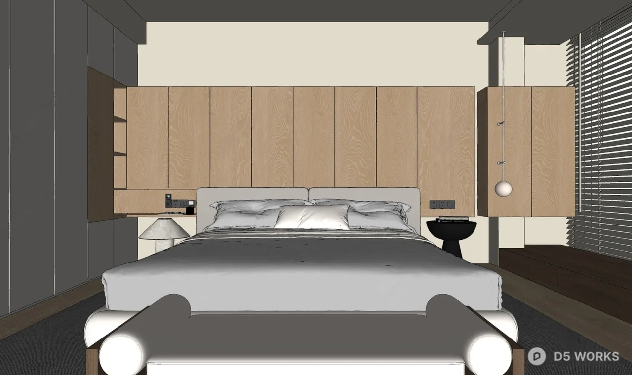 Minimalist Bedroom with Wooden Paneling and Ambient Lighting 3d model thumbnail 2