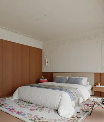 Modern Minimalist Bedroom with Wooden Panel Accent Wall 3d model