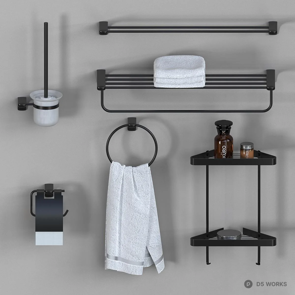 Black Metal Bathroom Hardware Set 3d model thumbnail 2