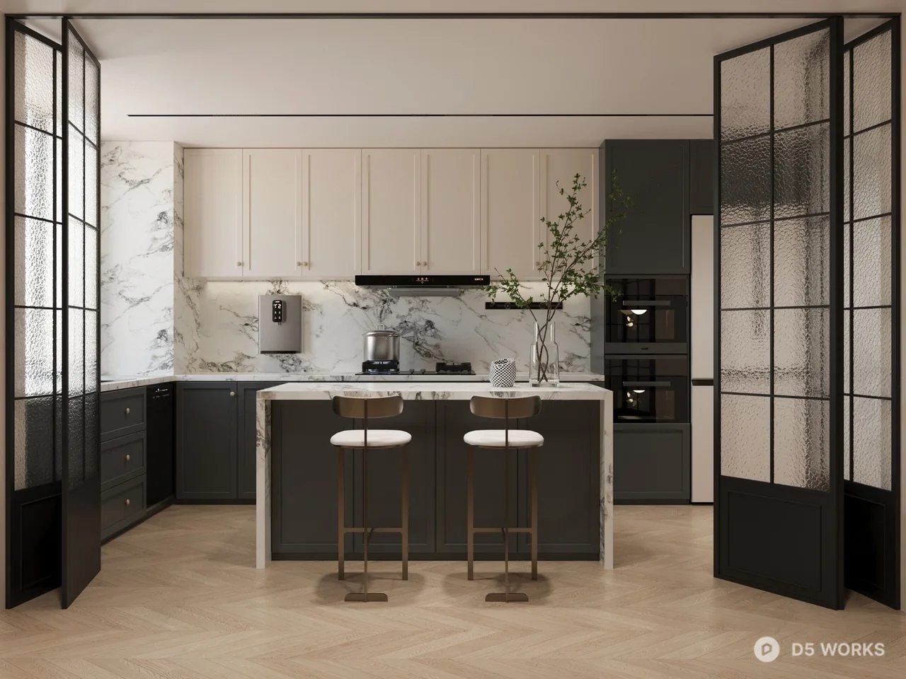 Modern Minimalist Enclosed Kitchen with Island 3d model - Image 1