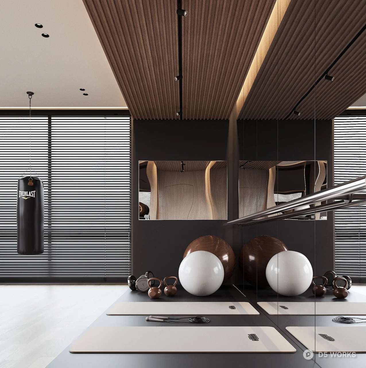 Modern Home Gym With Wooden Flooring And Equipment Storage 3d model thumbnail 3