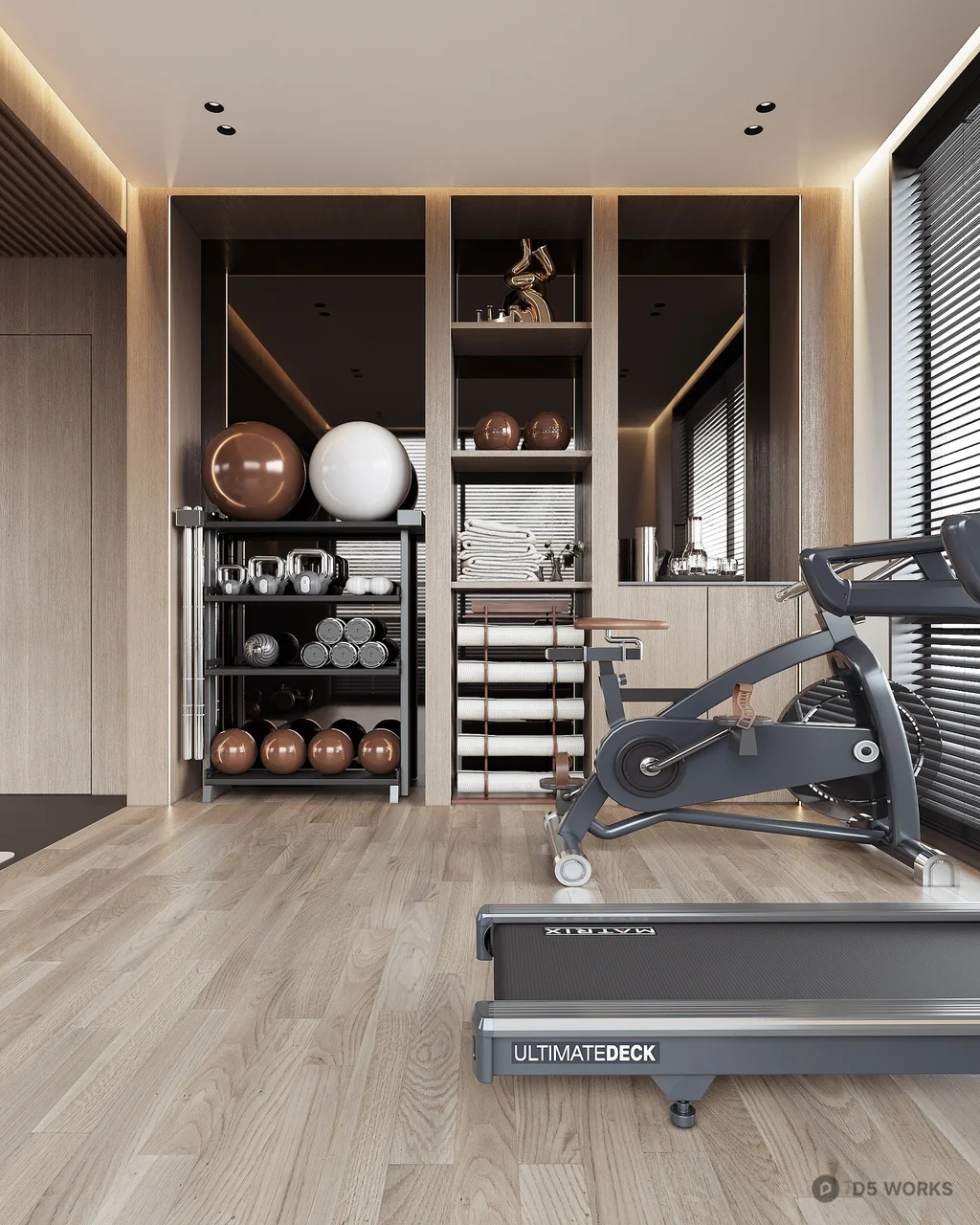 Modern Home Gym With Wooden Flooring And Equipment Storage 3d model - Image 1