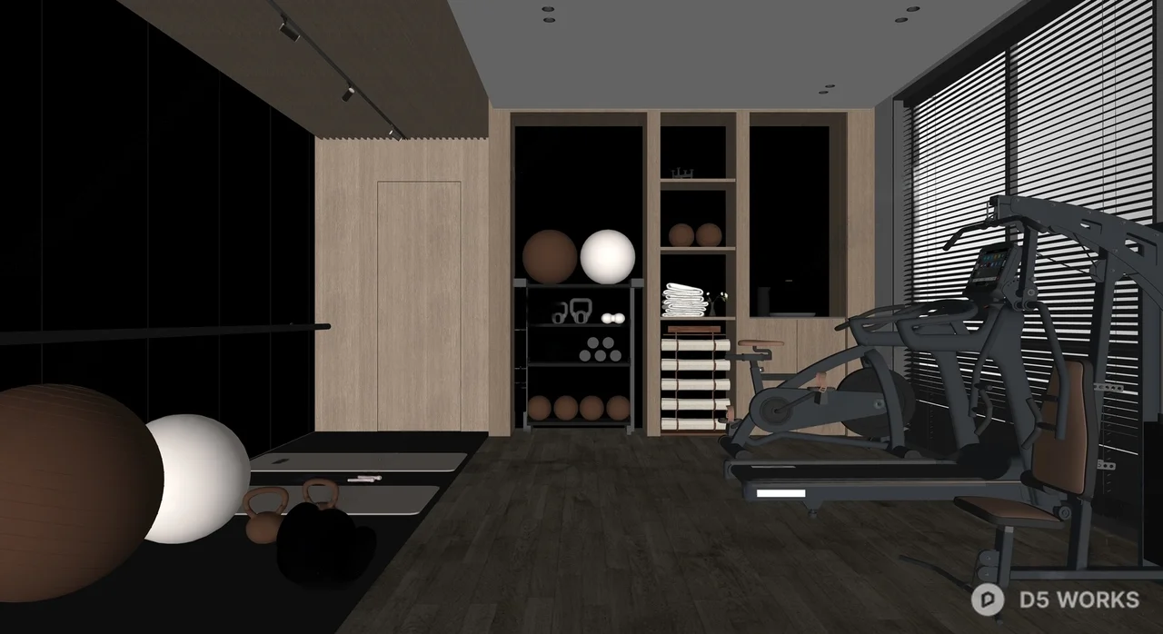 Modern Home Gym With Wooden Flooring And Equipment Storage 3d model thumbnail 2