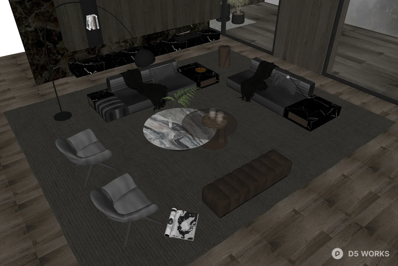 Minimalist Living Room with Modular Sofa and Marble Coffee Table 3d model thumbnail 2