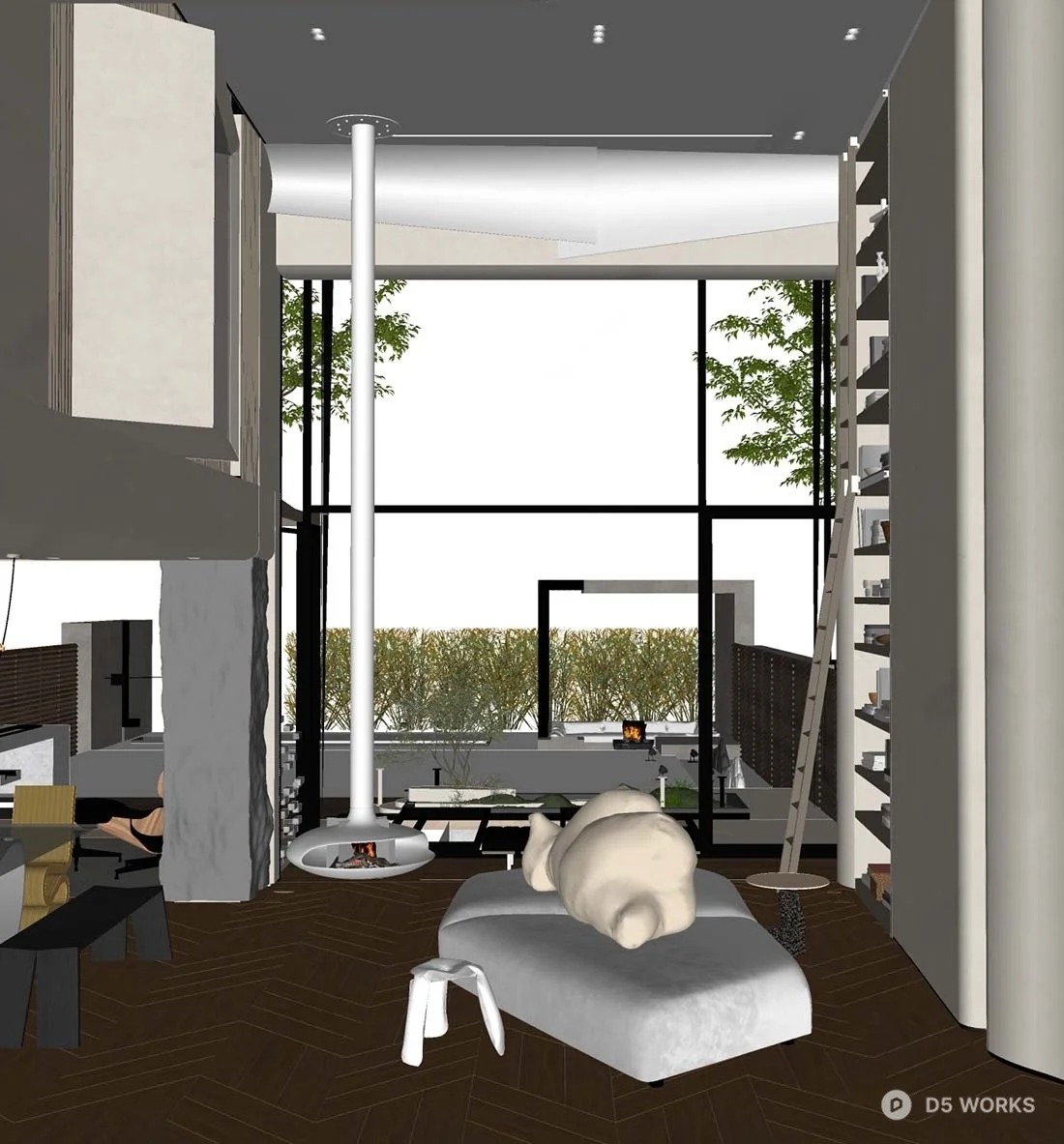 Minimalist Villa Living Room With Floor-to-Ceiling Windows 3d model thumbnail 2