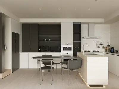 Minimalist Open Kitchen With Island And Dining Set 3d model