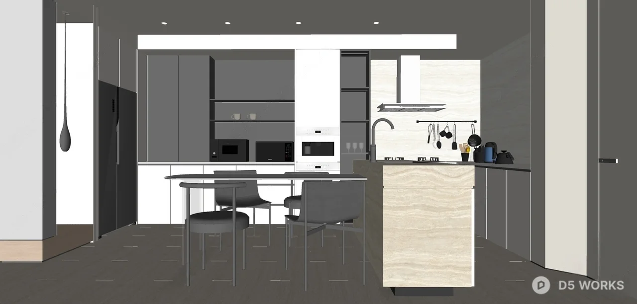 Minimalist Open Kitchen With Island And Dining Set 3d model thumbnail 2