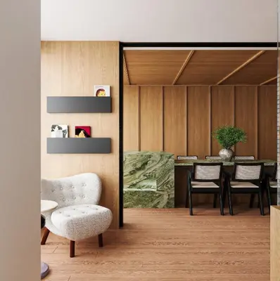 Modern Wooden Dining Lounge With Green Marble Accent 3d model