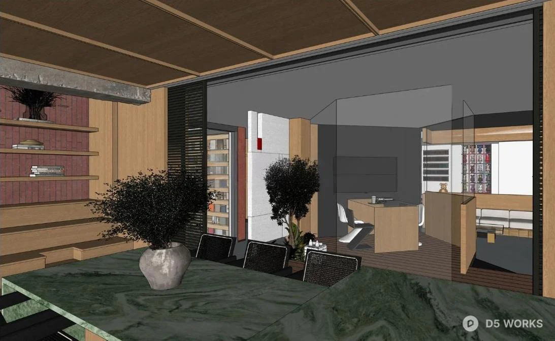 Modern Wooden Dining Lounge With Green Marble Accent 3d model thumbnail 2