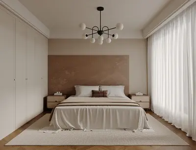 Minimalist Bedroom with Textured Headboard and Pendant Lighting 3d model