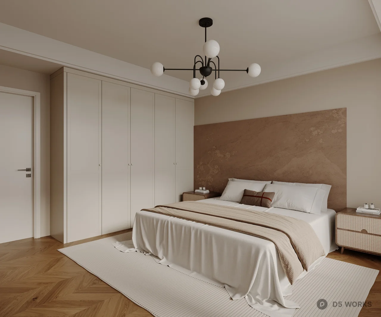 Minimalist Bedroom with Textured Headboard and Pendant Lighting 3d model thumbnail 3