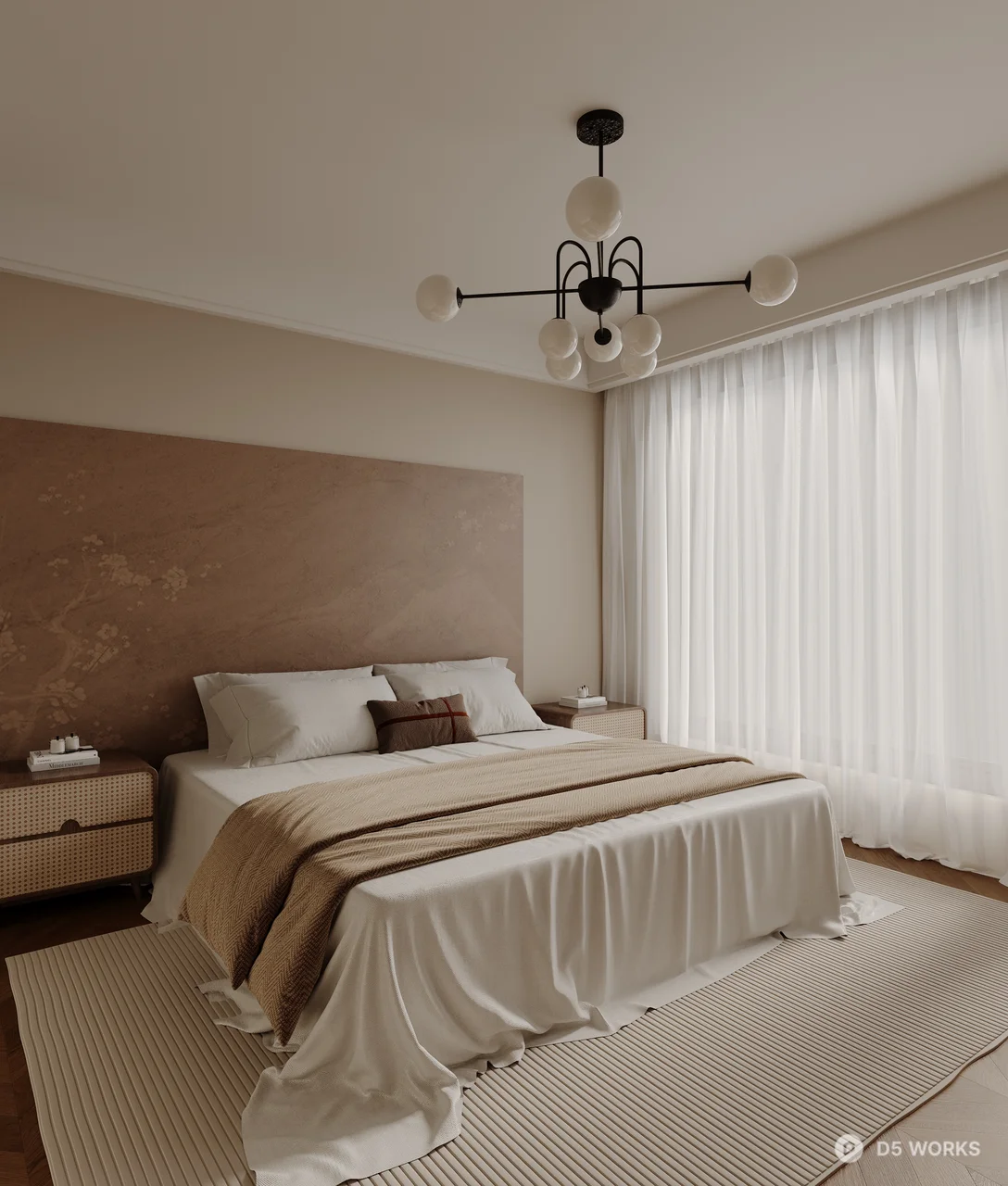 Minimalist Bedroom with Textured Headboard and Pendant Lighting 3d model thumbnail 2
