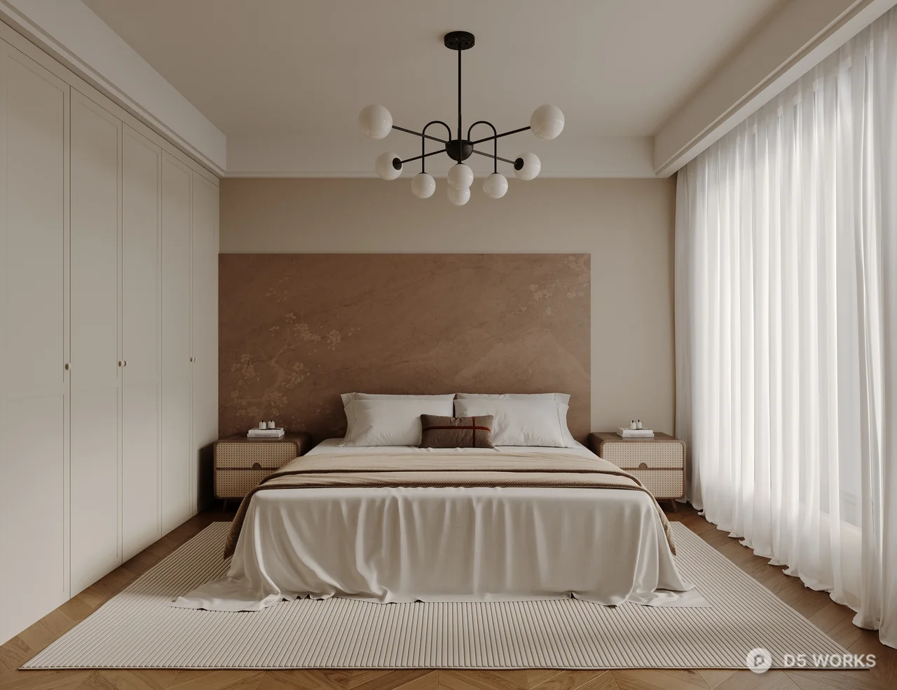 Minimalist Bedroom with Textured Headboard and Pendant Lighting 3d model - Image 1