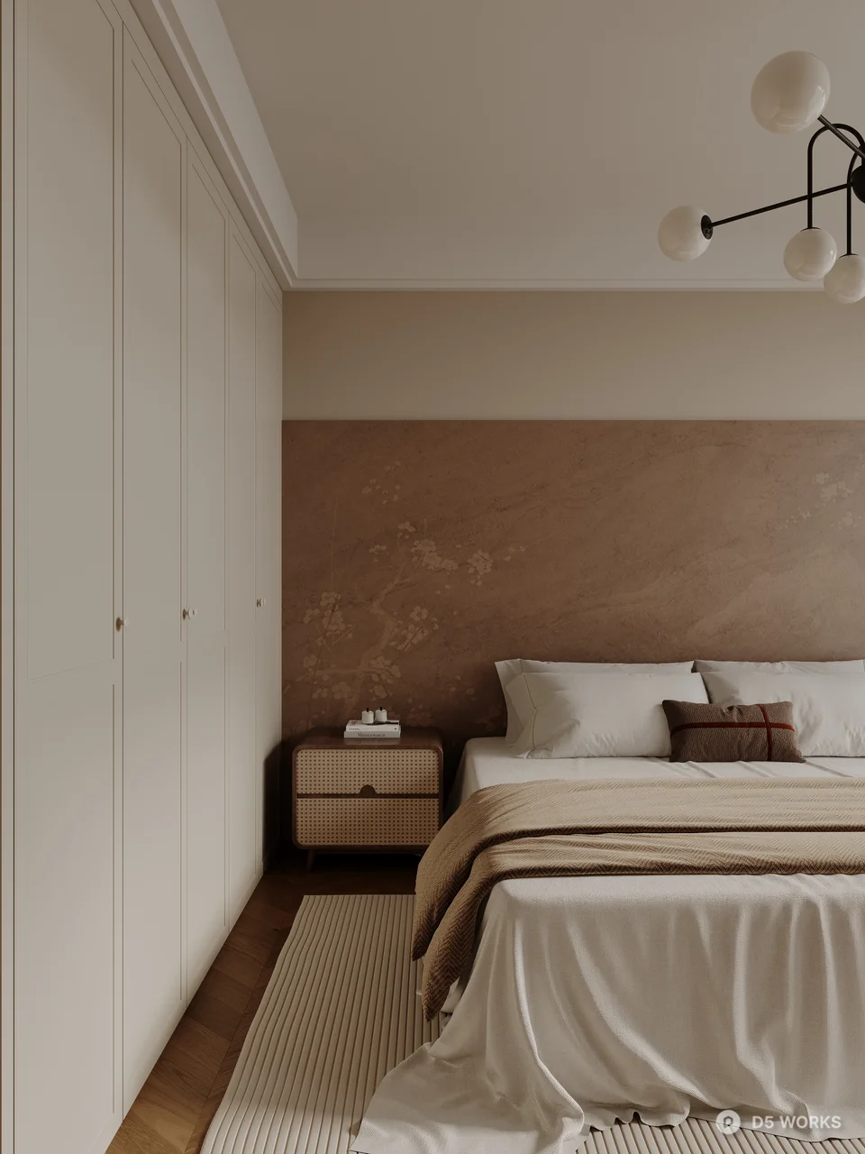 Minimalist Bedroom with Textured Headboard and Pendant Lighting 3d model thumbnail 4